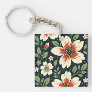 Cream Flowers with Red Centers & Green Leaves Key Ring