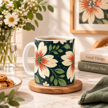 Cream Flowers with Red Centres & Green Leaves