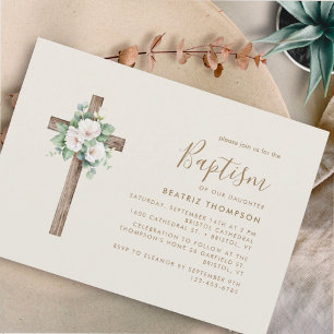 Cream Flowery Cross Modern Script Baptism  Invitation
