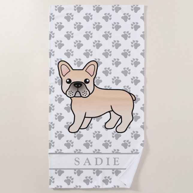 Cream French Bulldog Cute Cartoon Dog & Name Beach Towel (Front)