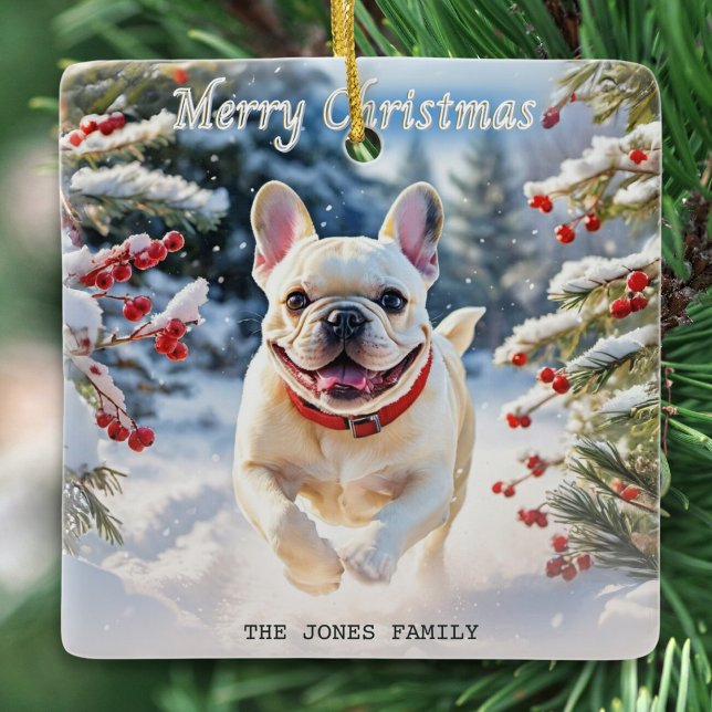 Cream French Bulldog in Snow Merry Christmas Ceramic Ornament (A personalized Christmas ornament with picture of a cream French bulldog running through winter snow)