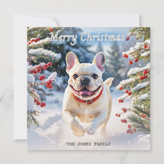 Cream French Bulldog in Snow Merry Christmas Holiday Card (Front)