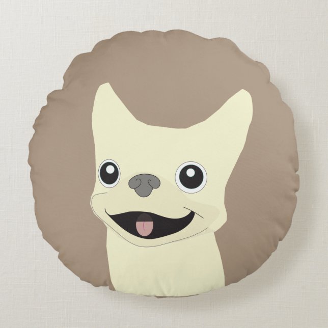 Cream French Bulldog, Warm Taupe Round Cushion (Front)