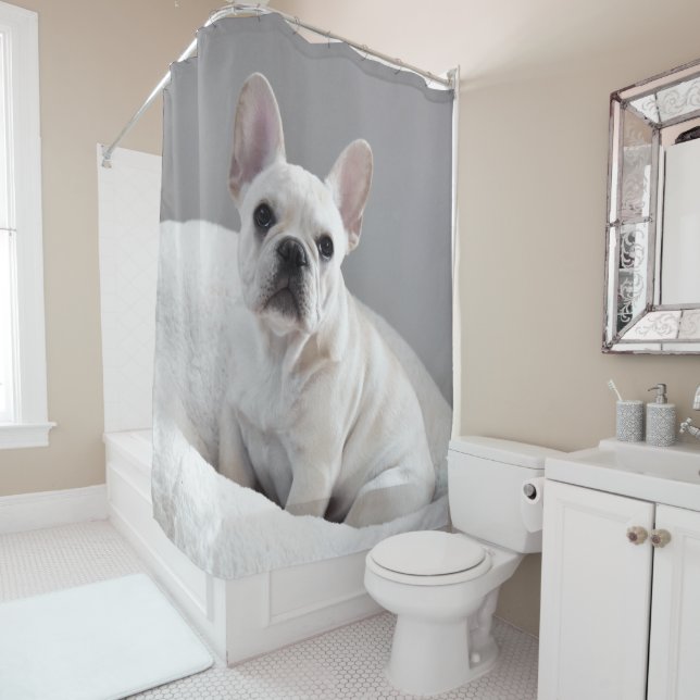 Cream Frenchie Shower Curtain (In Situ)