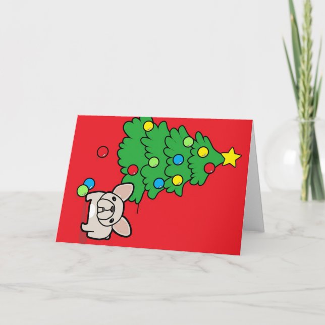 Cream Frenchie with Christmas Tree on Red Holiday Card (Front)