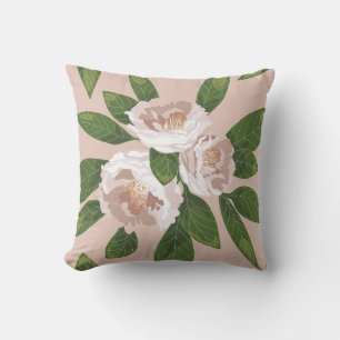 Cream Garden Harmony: Camellias and Greenery Cushion