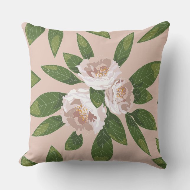 Cream Garden Harmony: Camellias and Greenery Cushion (Front)