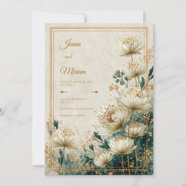 Cream Gilded Astrantia Teal Watercolor Wedding Invitation (Front)