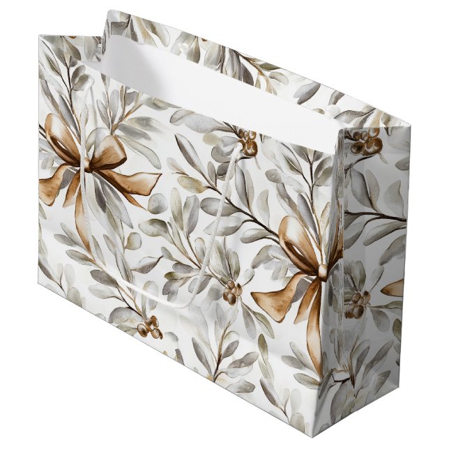Cream Gingerbread Christmas Bows Large Gift Bag (Front Angled)