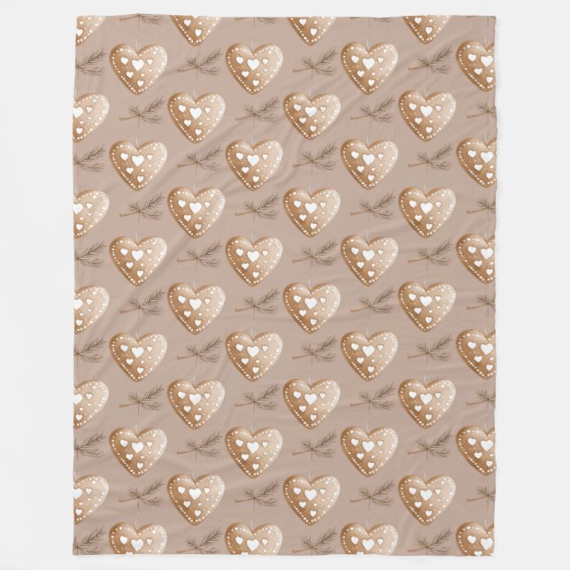 Cream Gingerbread Cookie Hearts Christmas Fleece Blanket (Front)