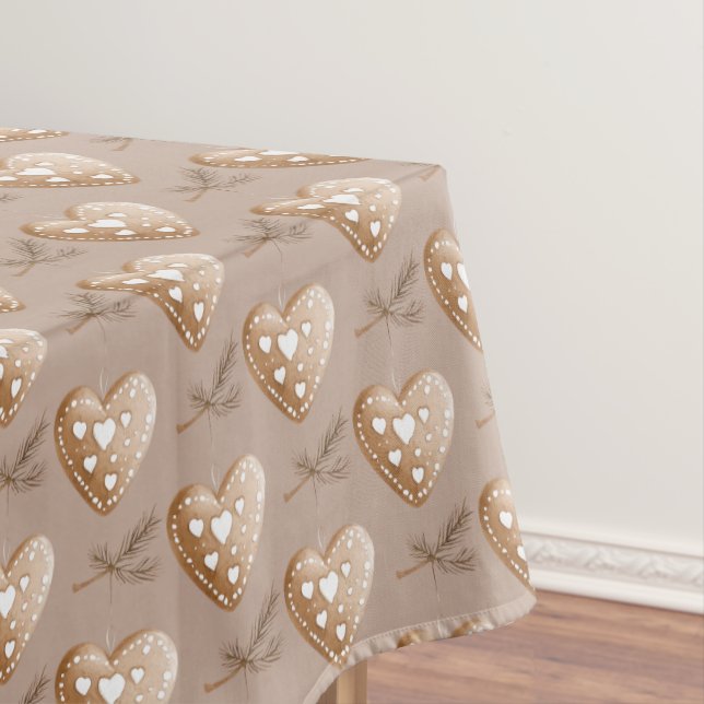 Cream Gingerbread Cookie Hearts Christmas Tablecloth (In Situ)