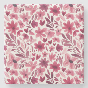 Cream Girly Pink Red Flowers Hearts Stone Coaster