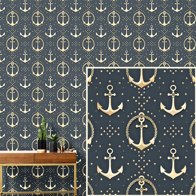 Cream Gold Anchors & Rope on  Dark Grey Blue Wallpaper (Creator Uploaded)