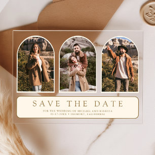 Cream Gold Arch 3 Photo Wedding Save the Date Acrylic Invitations