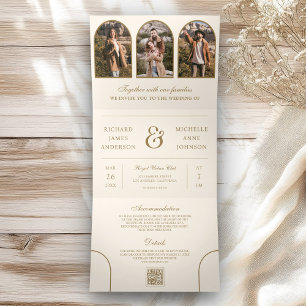 Cream Gold Arch Photo QR code Wedding Tri-Fold Invitation