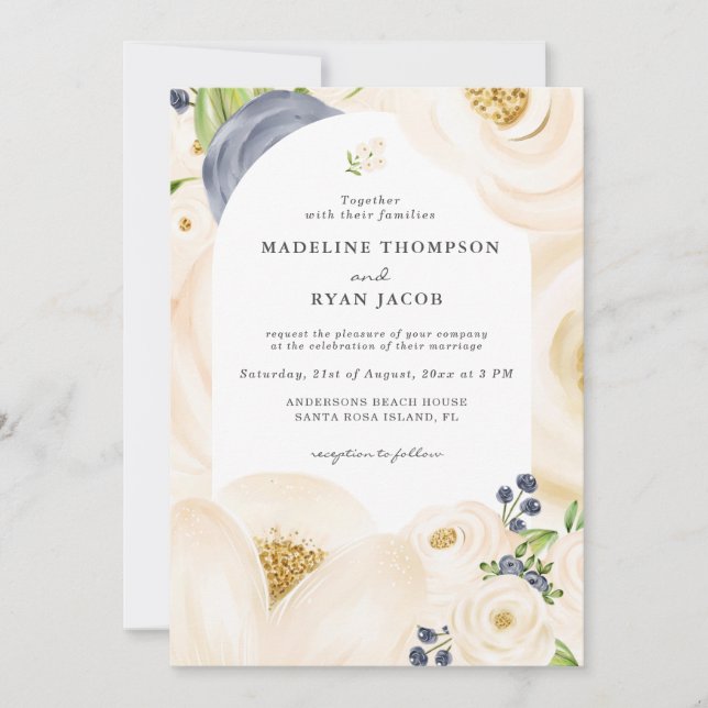 Cream Gold Beige Elegant Floral Watercolor Invitation (Front)