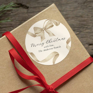 Cream Gold Bow Merry Christmas Classic Round Sticker