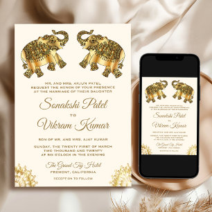 Cream Gold Ethnic Elephants Indian Wedding Invitation