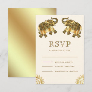 Cream Gold Ethnic Elephants Indian Wedding RSVP Card