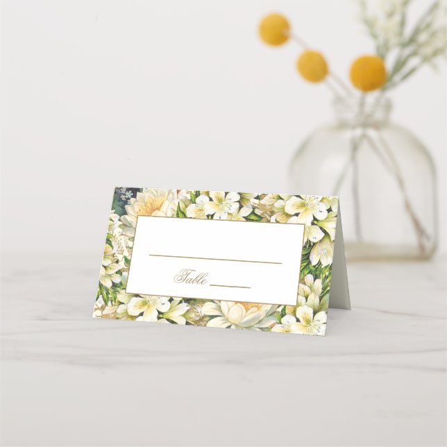 Cream Gold Floral Art Nouveau Wedding Place Card (Front)