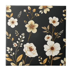 Cream Gold Floral Black Pattern Tile