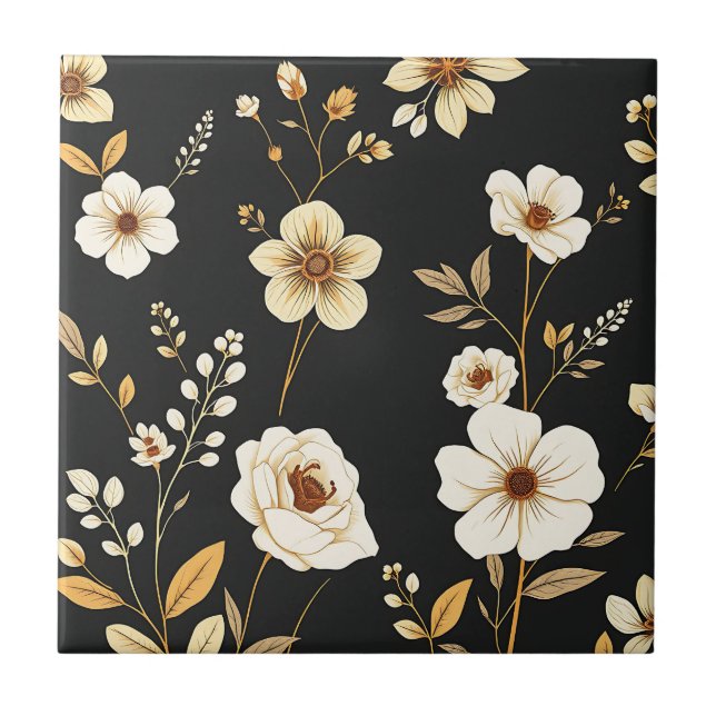 Cream Gold Floral Black Pattern Tile (Front)