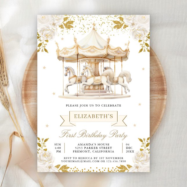 Cream Gold Floral Carousel First Birthday Party Invitation (Creator Uploaded)