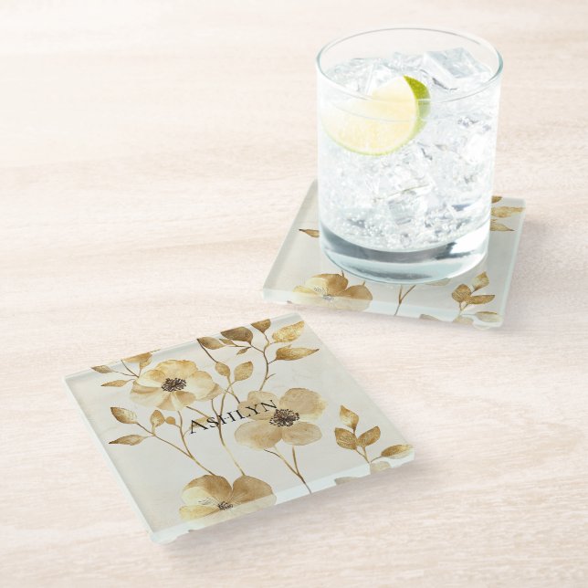 Cream Gold Floral  Glass Coaster (Angled)