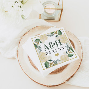 Cream Gold Floral Greenery Heart Wedding Monogram Napkin
