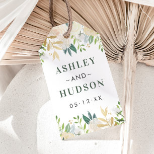 Cream Gold Floral Greenery Monogram Wedding Favour Gift Tags