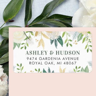 Cream Gold Floral Greenery Wedding Return Address Label