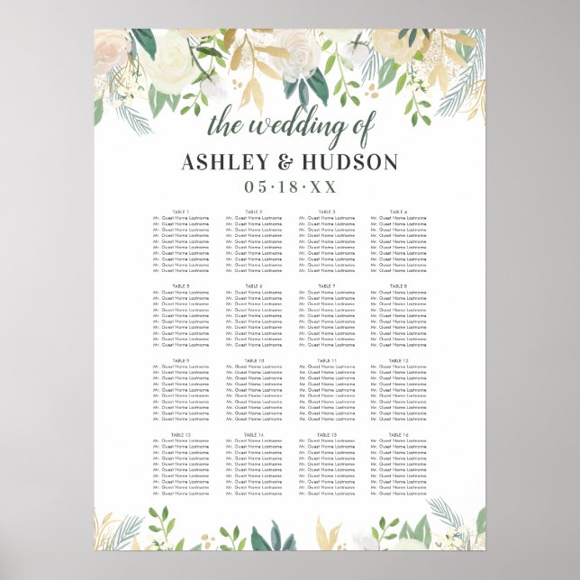 Cream Gold Floral Greenery Wedding Seating Poster (Front)