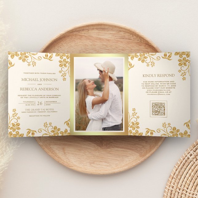 Cream Gold Floral Leaves QR Code Wedding Tri-Fold Invitation (Creator Uploaded)