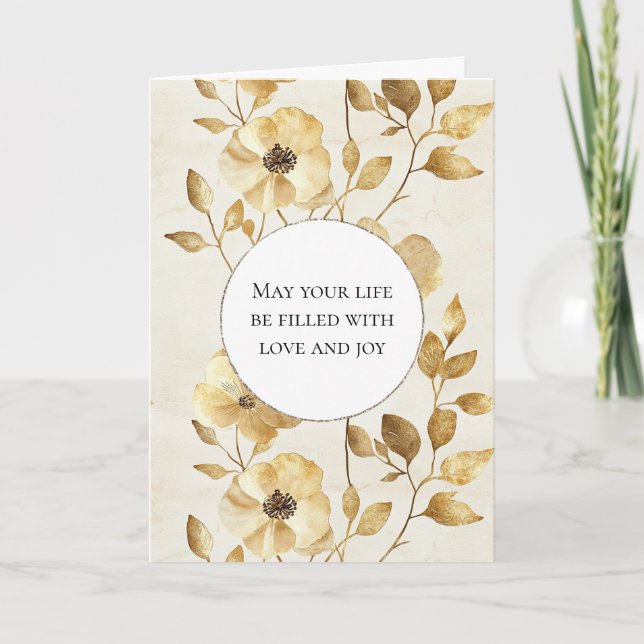 Cream Gold Floral Love & Joy Wedding Card (Front)