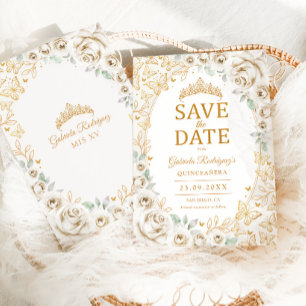 Cream Gold Floral Quinceanera Save The Date