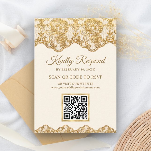 Cream Gold Foil Lace QR Code RSVP Wedding Website Enclosure Card (Creator Uploaded)