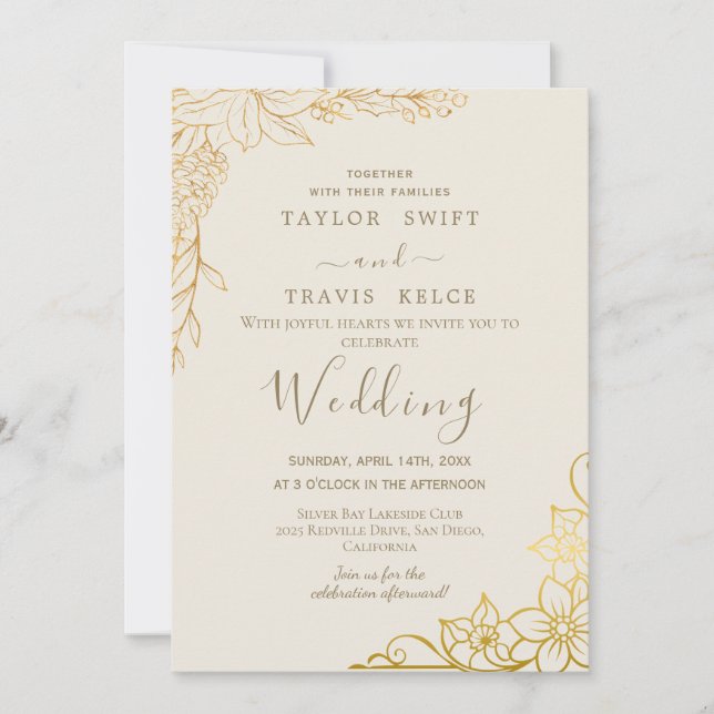 Cream & Gold Gilded Floral Wedding Invitation (Front)