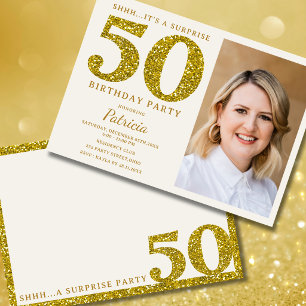 Cream Gold Glitter 50th Surprise Birthday Photo Invitation
