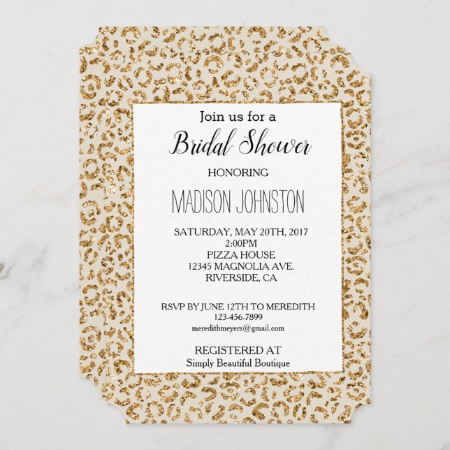 Cream Gold Glitter Leopard Animal  Invitation (Front/Back)