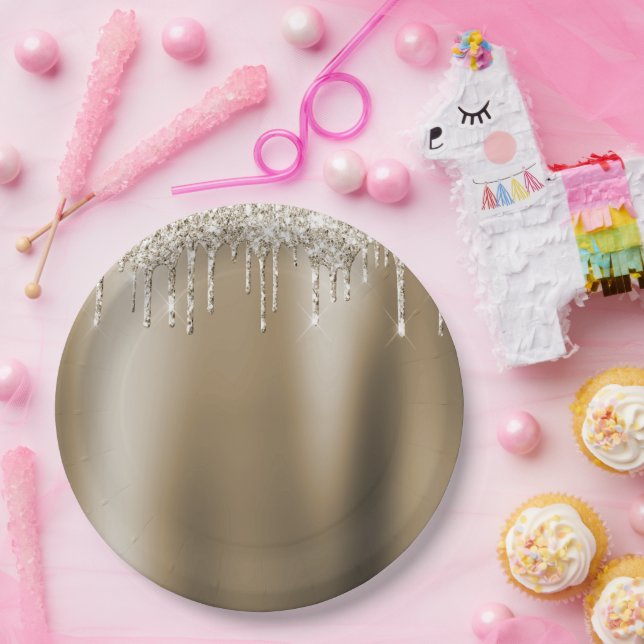 Cream Gold Glitz Glitter Ice Cream Drips Birthday Paper Plate (Party)