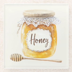 Cream Gold Honey Jar Nourishment Kitchen Glass Coaster