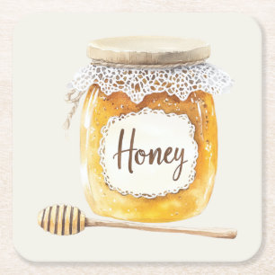 Cream Gold Honey Jar Nourishment Square Paper Coaster