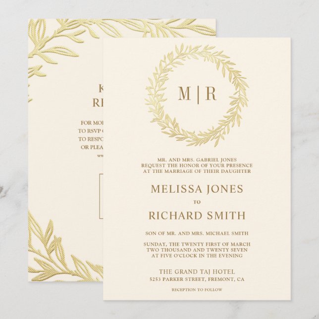 Cream Gold Leaf Branch QR Code Wedding Invitation (Front/Back)