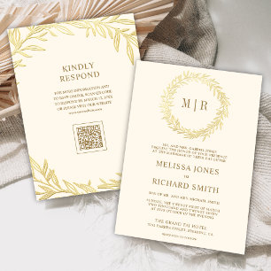 Cream Gold Leaf Branch QR Code Wedding Invitation