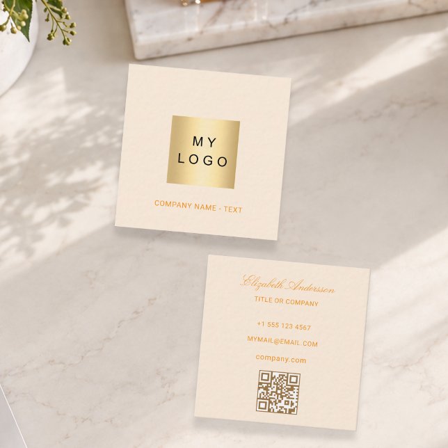 Cream gold logo QR code Square Business Card (Creator Uploaded)