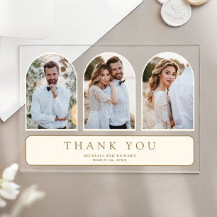 Cream Gold Minimal Arch 3 Photo Wedding Thank You Acrylic Invitations