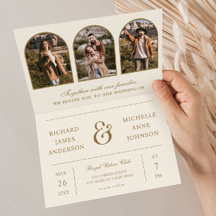 Cream Gold Minimal Arch Photo QR code Wedding Invitation