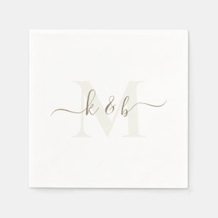 Cream & Gold Monogram Swash Script White Cocktail Napkin