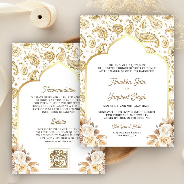 Cream Gold Paisley Floral QR Code Indian Wedding Invitation (Creator Uploaded)