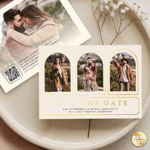 Cream Gold Photo QR Code Wedding Save the Date